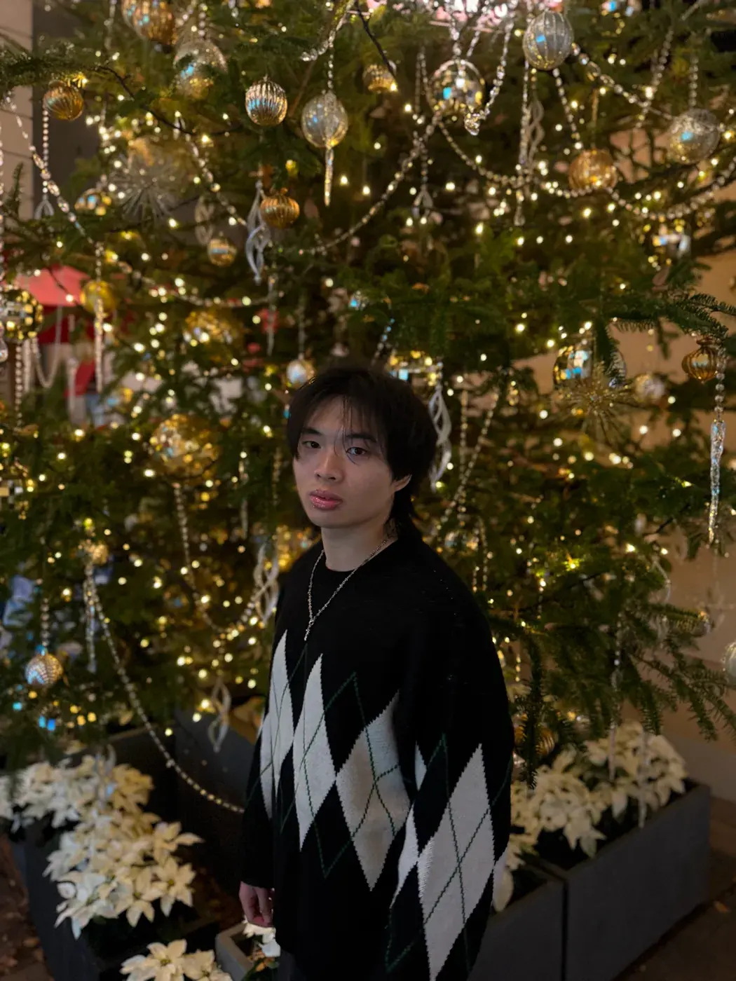 Elliot in front of a decorated Christmas tree